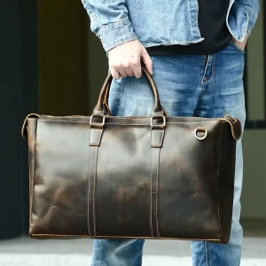 Geantă de călătorie unisex piele naturală, curea de umăr detașabilă, maro vintage - Img 2