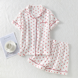 Pijama dama "Sleepy Hearts" din doua piese, PJ023, Alb - Rosu - Img 2
