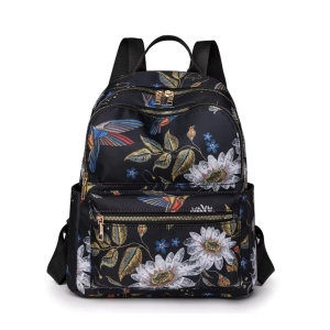 Rucsac damă material textil, imprimeu floral, buzunar frontal cu fermoar, negru