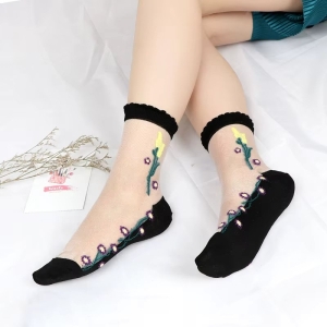 Sosete pentru dama, SS176, model flori, Alb/Negru, marime universala (35-39) - Img 1