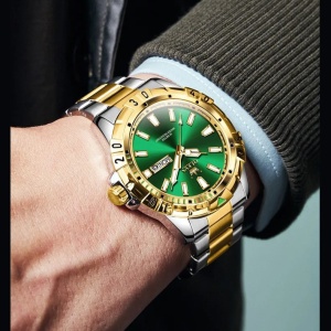 Ceas bărbătesc Olevs, oțel inoxidabil bicolor, bezel gradat, cadran verde cu dată CS1609 - Img 2