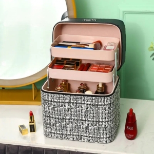 Geantă cosmetice damă, organizator cu tăvi pliabile, textil tweed, alb cu negru