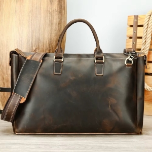 Geantă de călătorie unisex piele naturală, curea de umăr detașabilă, maro vintage