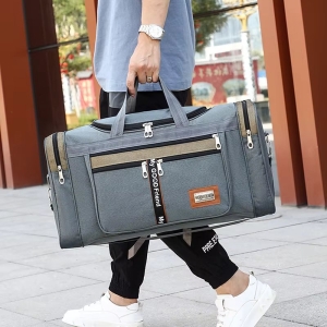 Geantă de călătorie unisex textil, buzunare cu fermoar, curea de umăr, gri - Img 3