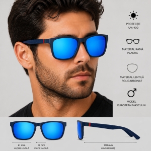 Ochelari de soare unisex, lentile oglindă, ramă pătrată neagră, albastru - Img 3
