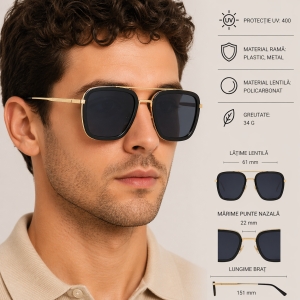 Ochelari de soare unisex, SG164, Negru/Auriu - Img 2