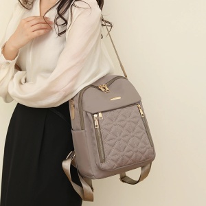 Rucsac damă material textil, buzunar matlasat, fermoare aurii, bej - Img 4