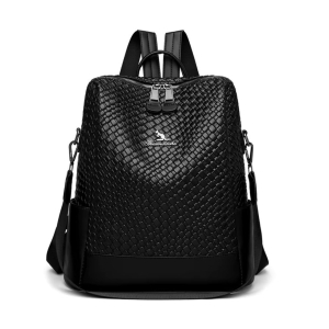 Rucsac damă piele ecologică texturată, buzunar lateral, negru