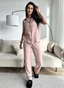 Set pijama dama din doua piese, cu nasturi – 2300132, Crem - Img 2