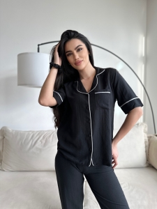 Set pijama dama din doua piese, cu nasturi – 2300134, Negru - Img 5