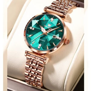 Ceas damă Olevs, oțel inoxidabil, cadran verde fațetat, rose gold CS1647 - Img 5