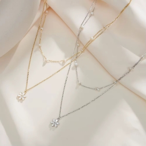 Lantisor argint 925, JW1706, model dublu cu floare, placat cu rodiu - Img 3