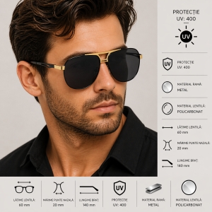 Ochelari de soare bărbați aviator, ramă metalică, negru cu auriu - Img 2