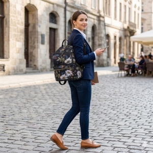 Rucsac damă material textil, imprimeu floral, buzunar frontal cu fermoar, negru - Img 2