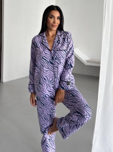 Set pijama dama din doua piese, cu nasturi – 2500282, Lila cu imprimeu abstract