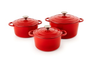 Set 3 Oale Fonta Emailata Rosu Intens 2.8L, 3.6L si 5L ( Tigaie Fonta Emailata Cadou)