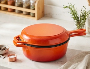 Set Tigaie, Cratita/Oala din fonta emailata 2 in 1, 4.6L, Ø26cm, Naranje-Oranje Edition