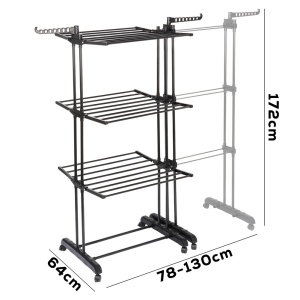 Suport de uscare haine/rufe metalic negru vertical extensibil XXL 78-130x64x172 cm, 35kg incarcare, Black Line
