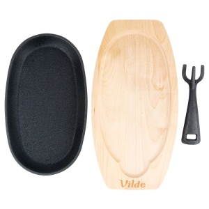 Tigaie din fontă cu maner detasabil + suport din lemn Natural, 24 x 14, Cast Line