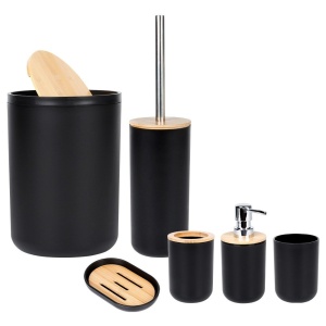 Set accesorii baie negru + Bambus 6 buc,dozator de săpun, săpunieră, 2 căni, perie de toaletă și coș de gunoi, Black Line