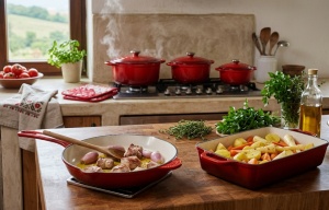 Set Complet Fonta Emailata ( 3 Oale Fonta + Tigaie Fonta + Tava Fonta ) Red Edition