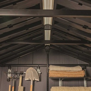 Casuta de gradina, Keter, maro nuc, 350x230x246 cm, colectie Apex 7.5x11/11x7.5, cu doua optiuni de asamblare, usa dubla, ferestre, ventilatie