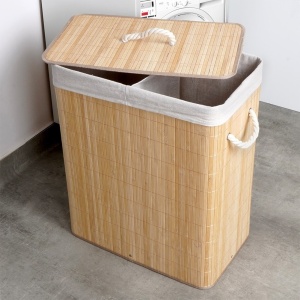 Coș de rufe din bambus bej, 90 l, Compartiment dublu