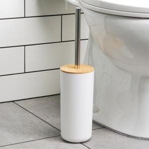 Set accesorii baie alb + Bambus 6 buc,dozator de săpun, săpunieră, 2 căni, perie de toaletă și coș de gunoi, White Line