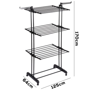 Suport de uscare rufe vertical metalic negru pe roți 125x170 cm, 25KG Incarcare, Black Line