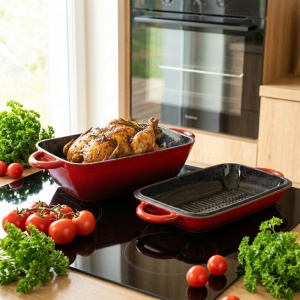 Tava pentru copt din fonta emailata 37.5 cm x 19.5cm,3.5L+1.5L, Red-Black Edition