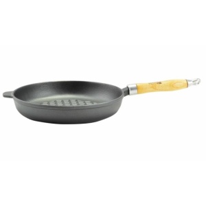 Tigaie pentru grill, din fonta, rotund, cu maner din lemn, 24cm,