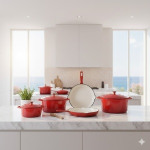 Set 3 Oale Fonta Emailata Rosu Intens 2.8L, 3.6L si 5L ( Tigaie Cadou)