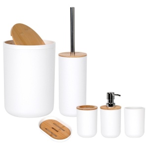 Set accesorii baie alb + Bambus 6 buc,dozator de săpun, săpunieră, 2 căni, perie de toaletă și coș de gunoi, White Line