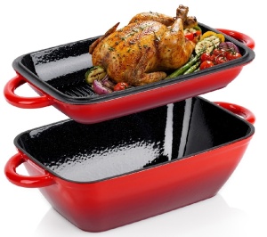 Set Tava Fonta Emailata 2 in 1 cu Grill 5L + Tigaie Fonta Emailata 25Cm, Red-Black Edition