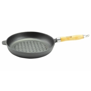 Tigaie pentru grill, din fonta, rotund, cu maner din lemn, 24cm,