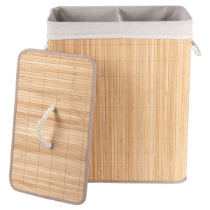 Coș de rufe din bambus bej, 90 l, Compartiment dublu