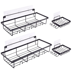 Set 4 Rafturi/Etajere Baie, duș metalic negru cu adeziv, Black Line