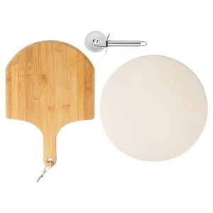 Set Pizza 3 in1, piatra ceramica + Lopatica din lemn + Rola cutit Inox, Chamotte Edition