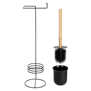 Suport pentru hârtie igienică cu perie de toaletă neagră 53 cm, Metal si Bambus, Black Line