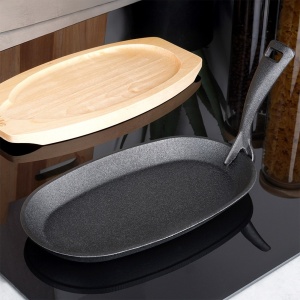 Tigaie din fontă cu maner detasabil + suport din lemn Natural, 24 x 14, Cast Line
