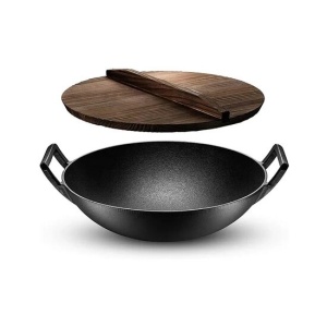 Wok tradițional chinezesc din fontă cu capac din lemn mare 36,5 cm