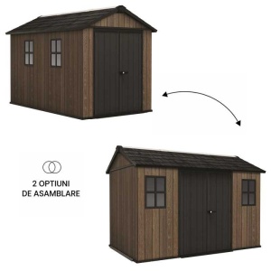 Casuta de gradina, Keter, maro nuc, 350x230x246 cm, colectie Apex 7.5x11/11x7.5, cu doua optiuni de asamblare, usa dubla, ferestre, ventilatie