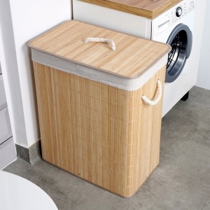 Coș de rufe din bambus bej, 90 l, Compartiment dublu
