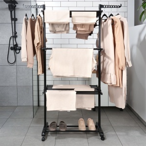 Suport de uscare rufe vertical metalic negru pe roți 125x170 cm, 25KG Incarcare, Black Line