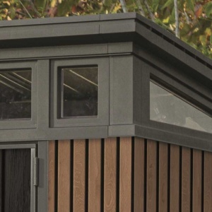 Casuta de gradina, Keter, maro, 7x7, colectie Signature, cu usa dubla, cu ferestre, cu ventilatie, cu ranforsare metalica