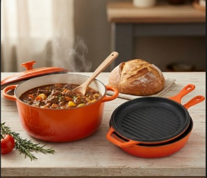 Set 3 in 1, Oala Fonta 5L + Cratita si Tigaie Fonta Emailata 26cm (4.6L), Naranje Edition