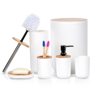 Set accesorii baie alb + Bambus 6 buc,dozator de săpun, săpunieră, 2 căni, perie de toaletă și coș de gunoi, White Line