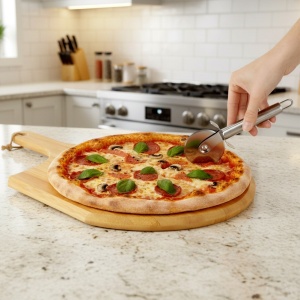 Set Pizza 3 in1, piatra ceramica + Lopatica din lemn + Rola cutit Inox, Chamotte Edition