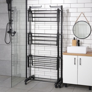 Suport de uscare haine/rufe metalic negru vertical extensibil XXL 78-130x64x172 cm, 35kg incarcare, Black Line