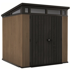 Casuta de gradina, Keter, maro, 7x7, colectie Signature, cu usa dubla, cu ferestre, cu ventilatie, cu ranforsare metalica